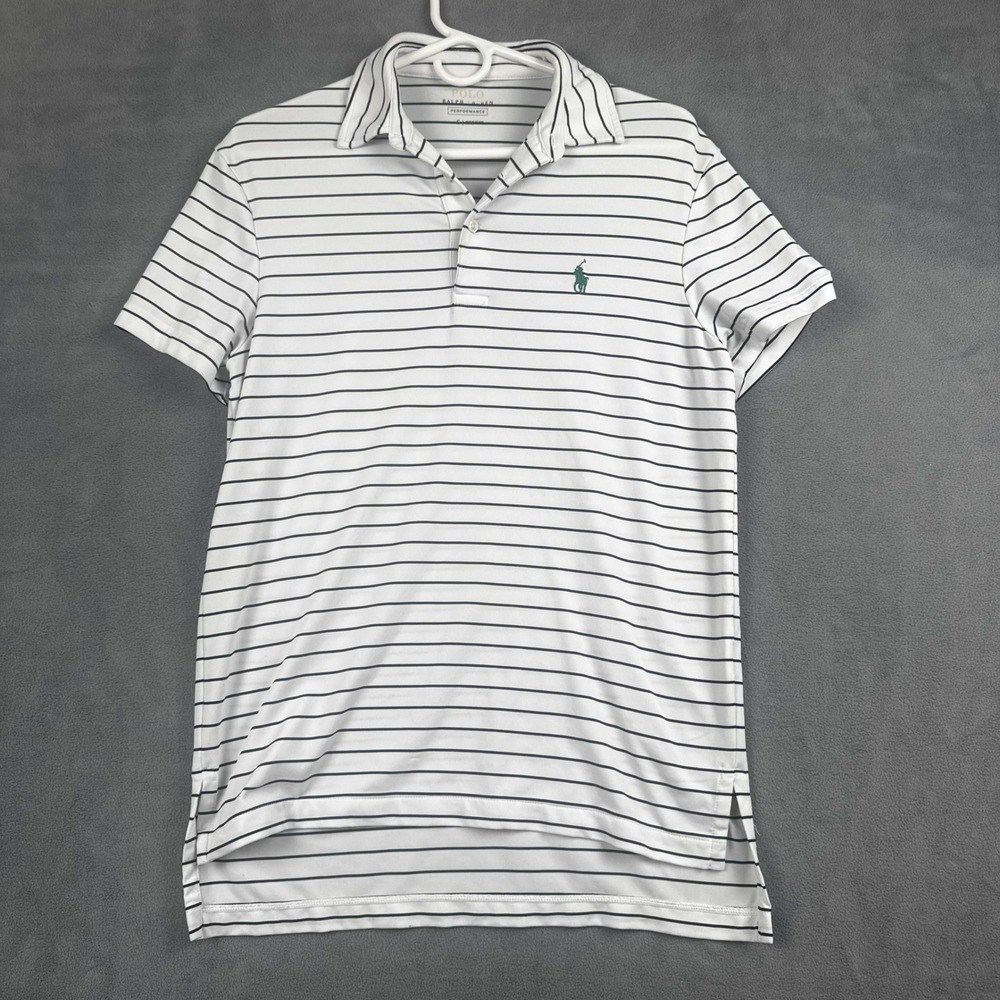 Polo Ralph Lauren Performance Shirt Mens Small White Navy Blue Striped Golf Polo